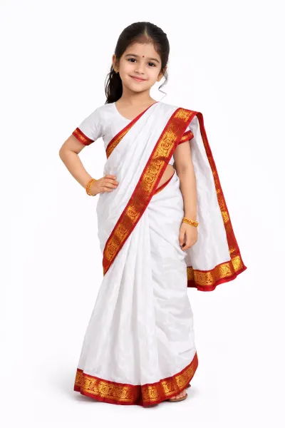 White Saree Red Border Fancy Dress for kids – Kids Saree, Mod Fancy Dress Delhi