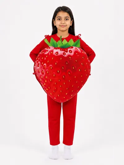 Girl wearing a red strawberry fancy dress costume with green leaf crown over a red tee and trousers
