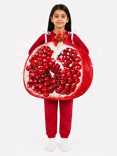 Girl wearing a cut pomegranate fancy dress costume with ruby arils over a maroon tee and joggers