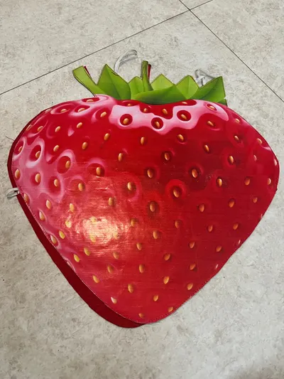 Strawberry costume board laid flat showing the printed seeds, green leaves and shoulder ties