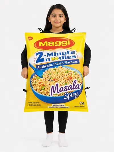 Girl wearing a yellow Maggi 2-Minute Noodles packet fancy dress costume over a black tee and leggings