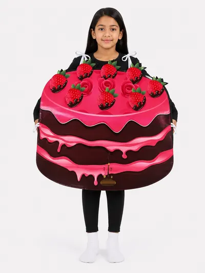 Girl wearing a pink strawberry chocolate cake fancy dress costume with moulded strawberries