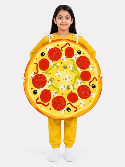 Girl wearing a round pizza fancy dress costume over a mustard yellow tee and trousers
