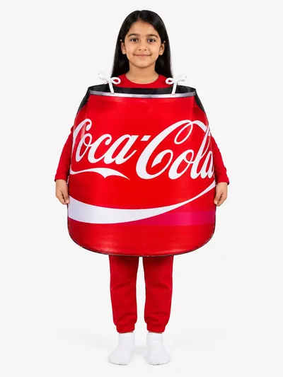 Girl wearing a red Coca Cola can fancy dress costume over a red tee and joggers