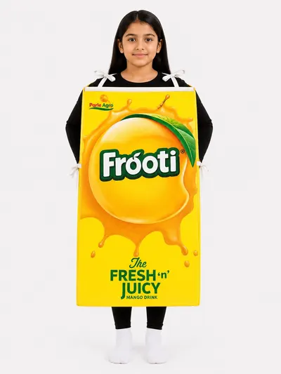 Girl wearing a yellow Frooti mango drink carton fancy dress costume over a black tee and leggings