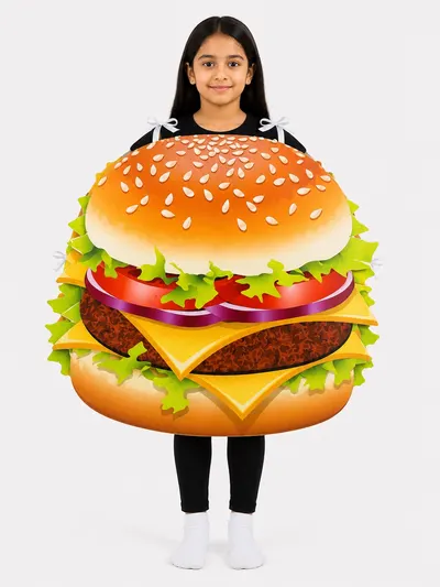 Girl wearing a stacked cheeseburger fancy dress costume over a black tee and leggings