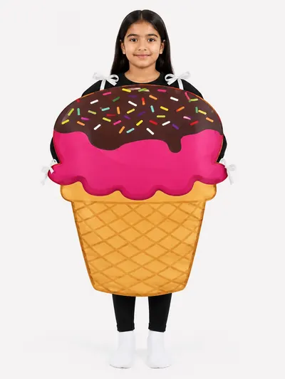 Girl wearing an ice cream cone fancy dress costume with pink scoop and sprinkles