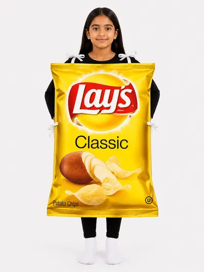 Girl wearing a yellow Lays Classic chips packet fancy dress costume over a black tee and leggings