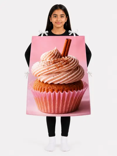 Girl wearing a pink cupcake fancy dress costume with swirled buttercream print