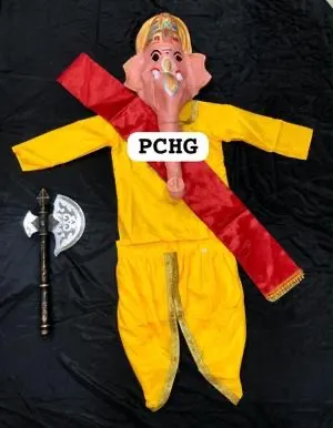 Ganesh fancy dress set laid flat — yellow kurta and dhoti with red sash, Ganpati head mask with gold mukut and a silver axe prop