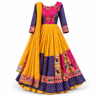 Mustard and pink patchwork garba chaniya choli — purple lehariya panels, elephant embroidery and a mirror-work hem