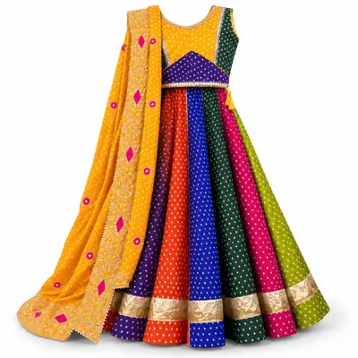 Rainbow bandhani dandiya lehenga — multicolour dotted panels with a gold border, mustard choli and gota dupatta