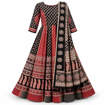 Black and red block print dandiya lehenga for women — booti panels, paisley hem and black printed dupatta