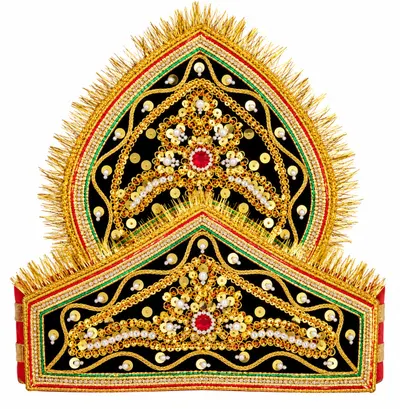 Ravan mukut — black velvet crown worked in gold sequins, pearls and red stones with a gold tinsel fringe