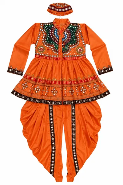 Orange kediyu garba dress for boys laid flat — mirror-work frilled top, dhoti pants and mirror cap