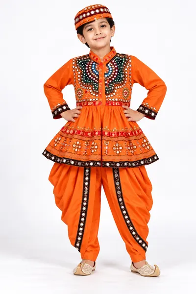 Boy wearing an orange kediyu garba dress with mirror-work yoke, dhoti pants and cap