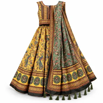 Mustard peacock print dandiya lehenga for women with sleeveless choli and sage green tasselled dupatta