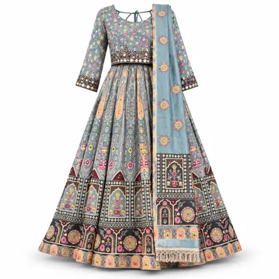 Dusty blue floral dandiya chaniya choli for women — full-sleeve printed choli, arch-print hem and blue dupatta