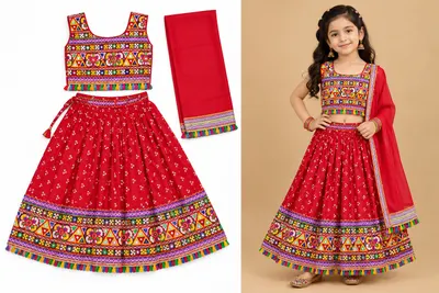 Red garba chaniya choli for girls — Kutchi embroidered choli, printed chaniya with tassel hem, shown flat and worn