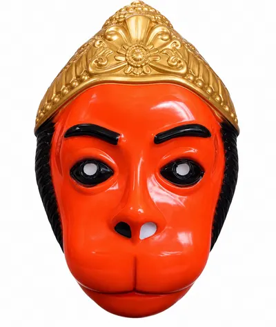 Orange Hanuman mask with a sculpted gold crown and black brows