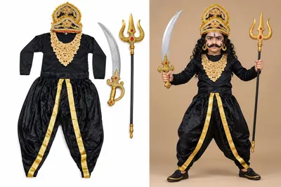 Mahishasur fancy dress — black satin kurta with gold collar, striped dhoti pants, crown, sword and trishul, flat and worn by a boy