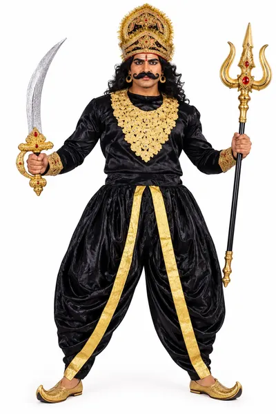 Adult in a Mahishasur costume — black and gold outfit with gold crown, holding a sword and trishul