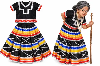 Manthara fancy dress — black lehenga with red, yellow and blue ribbon stripes, shown flat and on a girl with a grey wig and walking stick