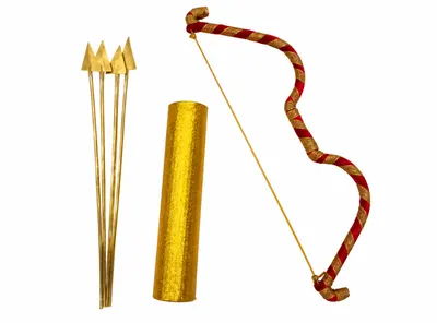 Ram bow and arrow set — red and gold bow, four gold-tipped arrows and a gold quiver