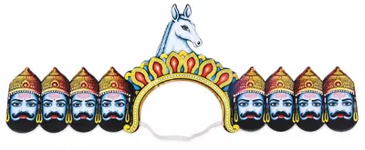 Ten-head Ravan mask — blue painted Ravan faces on either side of a gold crown band