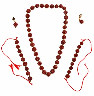 Rudraksha mala set — bead necklace, two red-thread wrist bands and a pair of earrings