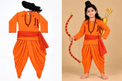 Vanvasi Laxman fancy dress — saffron kurta and dhoti with red sash, wig and rudraksha malas, shown flat and worn