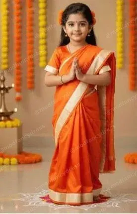 Vanvasi Sita saree dress worn by a young girl — plain saffron saree with a cream and gold border and matching orange blouse, hands folded in namaste