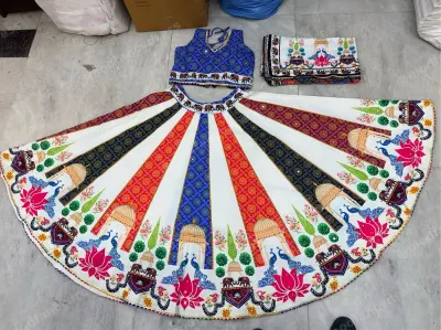 White Peacock And Palace Print Ghoomar Lehenga for women – Dandiya Dress, Mod Fancy Dress Delhi