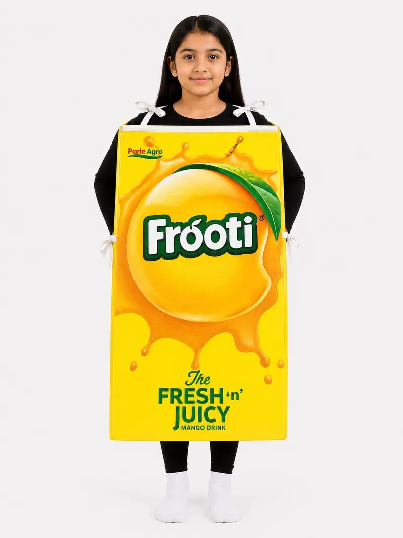 Girl wearing a yellow Frooti mango drink carton fancy dress costume over a black tee and leggings