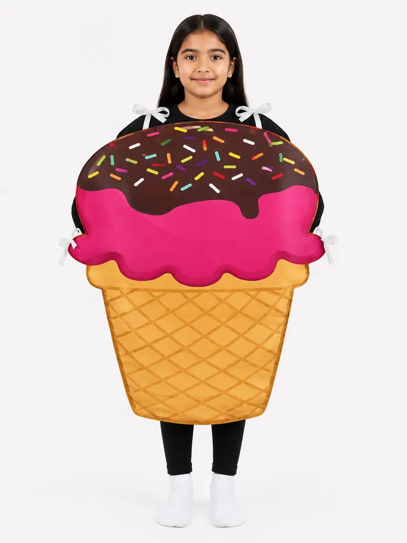 Girl wearing an ice cream cone fancy dress costume with pink scoop and sprinkles