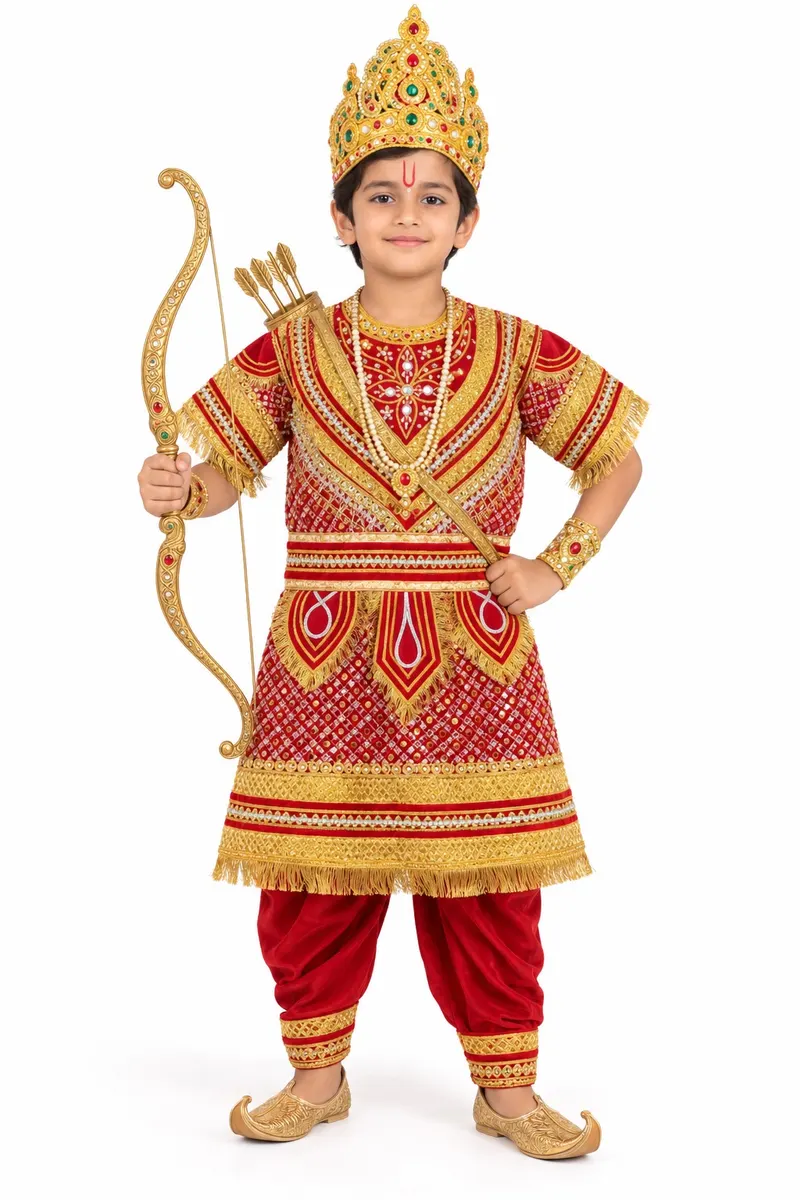 Boy dressed as Raja Ram in the red and gold kurta with red dhoti pants, jewelled gold mukut, pearl mala, gold bow and quiver of arrows