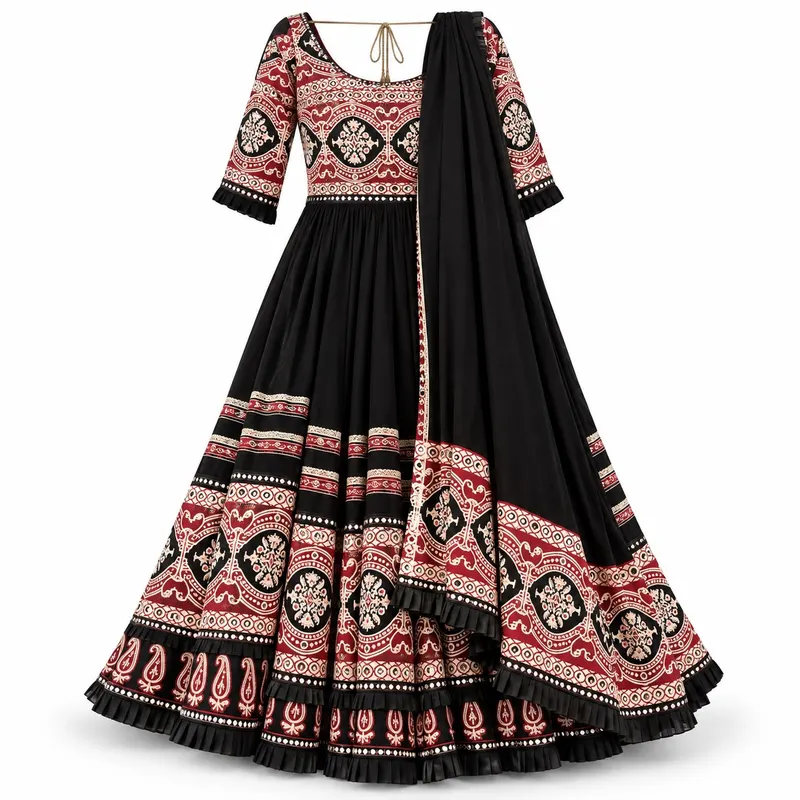 Black garba lehenga with maroon ajrakh-print medallion borders, pleated frill hem and black dupatta