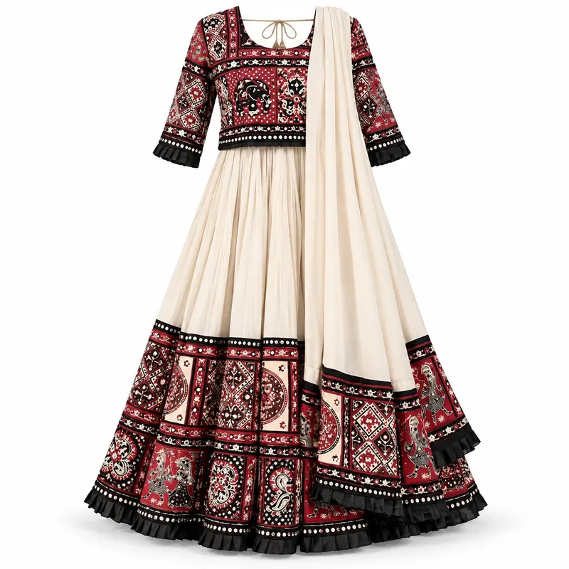 Off-white dandiya chaniya choli with red and black ajrakh patchwork border, patchwork choli and ivory dupatta
