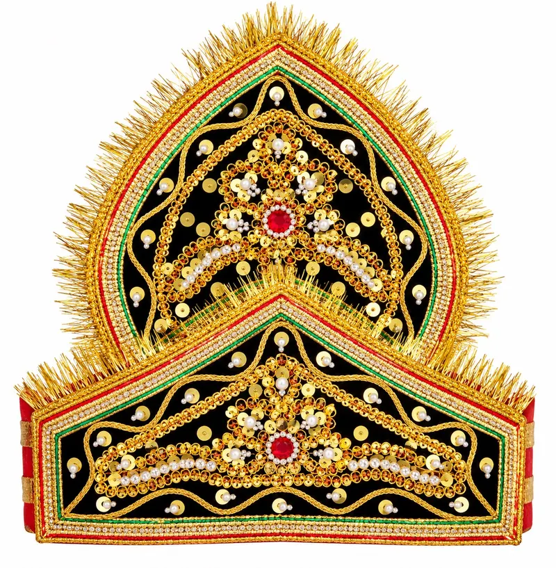 Ravan mukut — black velvet crown worked in gold sequins, pearls and red stones with a gold tinsel fringe