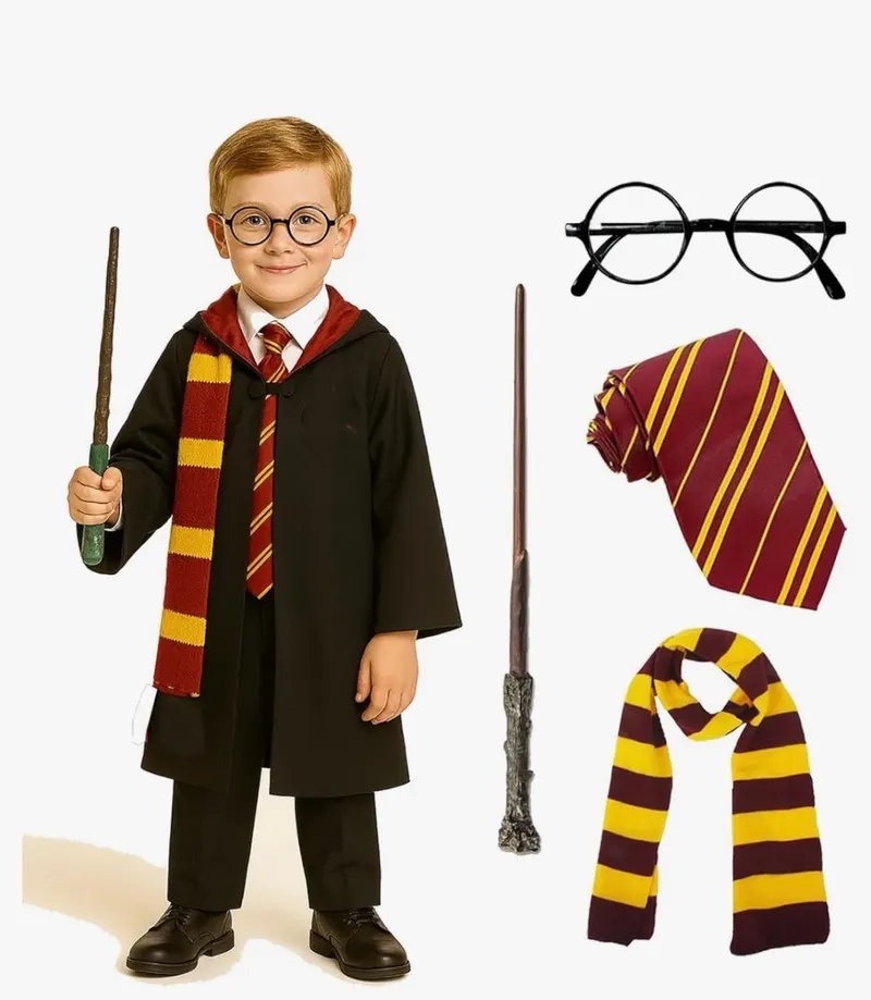 Child in a Harry Potter costume — black hooded robe, round glasses, maroon and gold tie and scarf, holding a wand, with the accessories shown alongside