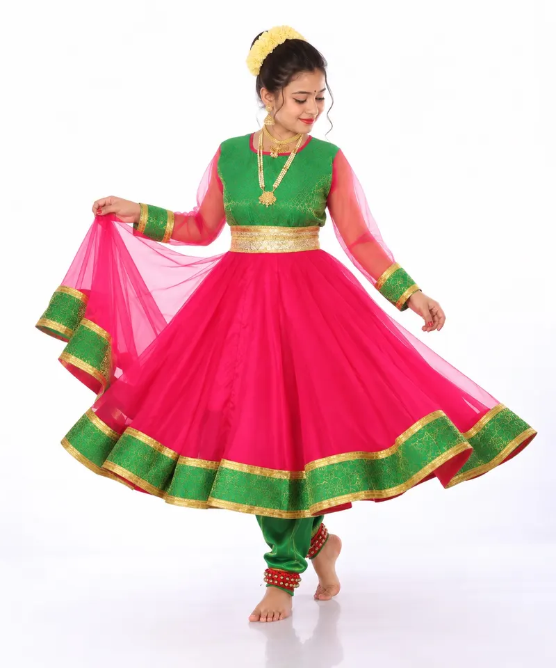 Pink & Green Kathak Dress – Net Anarkali – Kathak Dress, Mod Fancy Dress Delhi