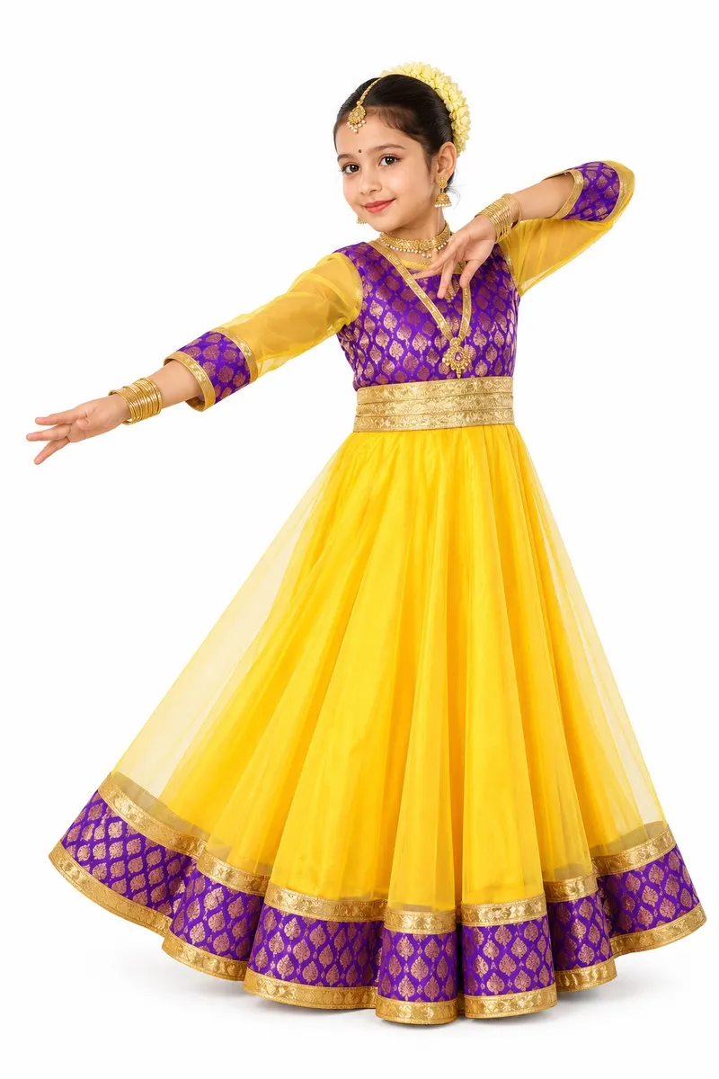 Yellow & Purple Kathak Dress – Net Anarkali – Kathak Dress, Mod Fancy Dress Delhi