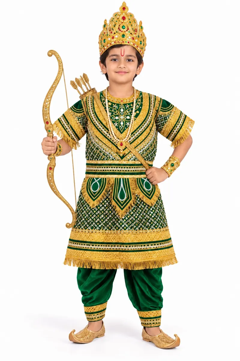 Boy in a Laxman fancy dress — green and gold embroidered kurta, green dhoti, gold crown, bow and arrows