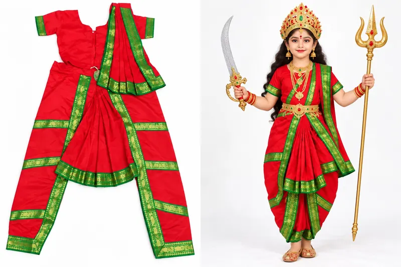 Maa Durga fancy dress for girls — red saree with green zari border, shown flat and worn with crown, sword and trishul