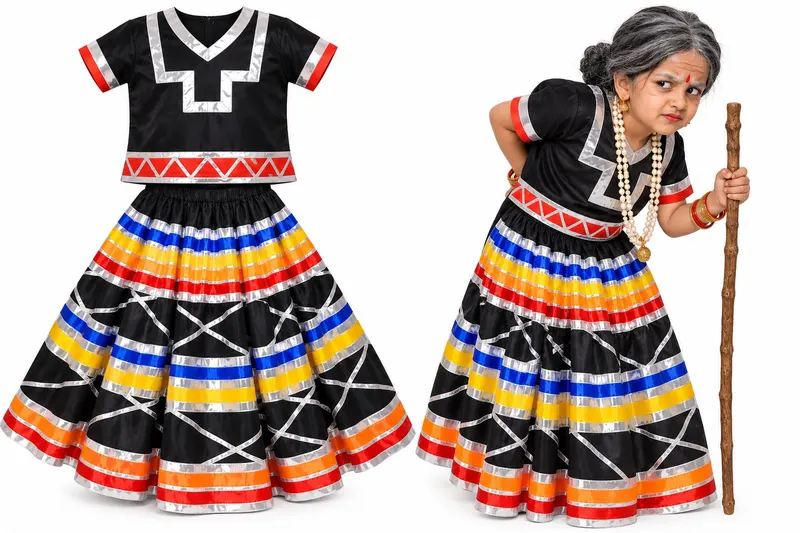 Manthara fancy dress — black lehenga with red, yellow and blue ribbon stripes, shown flat and on a girl with a grey wig and walking stick