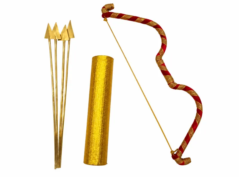 Ram bow and arrow set — red and gold bow, four gold-tipped arrows and a gold quiver
