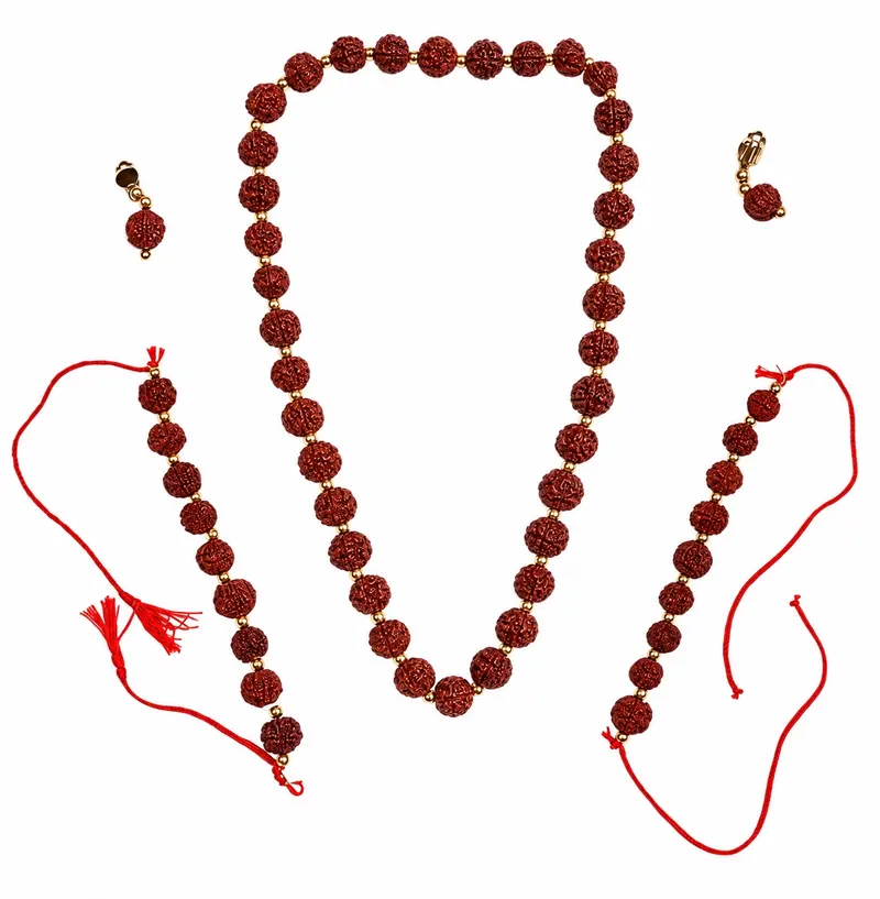 Rudraksha mala set — bead necklace, two red-thread wrist bands and a pair of earrings