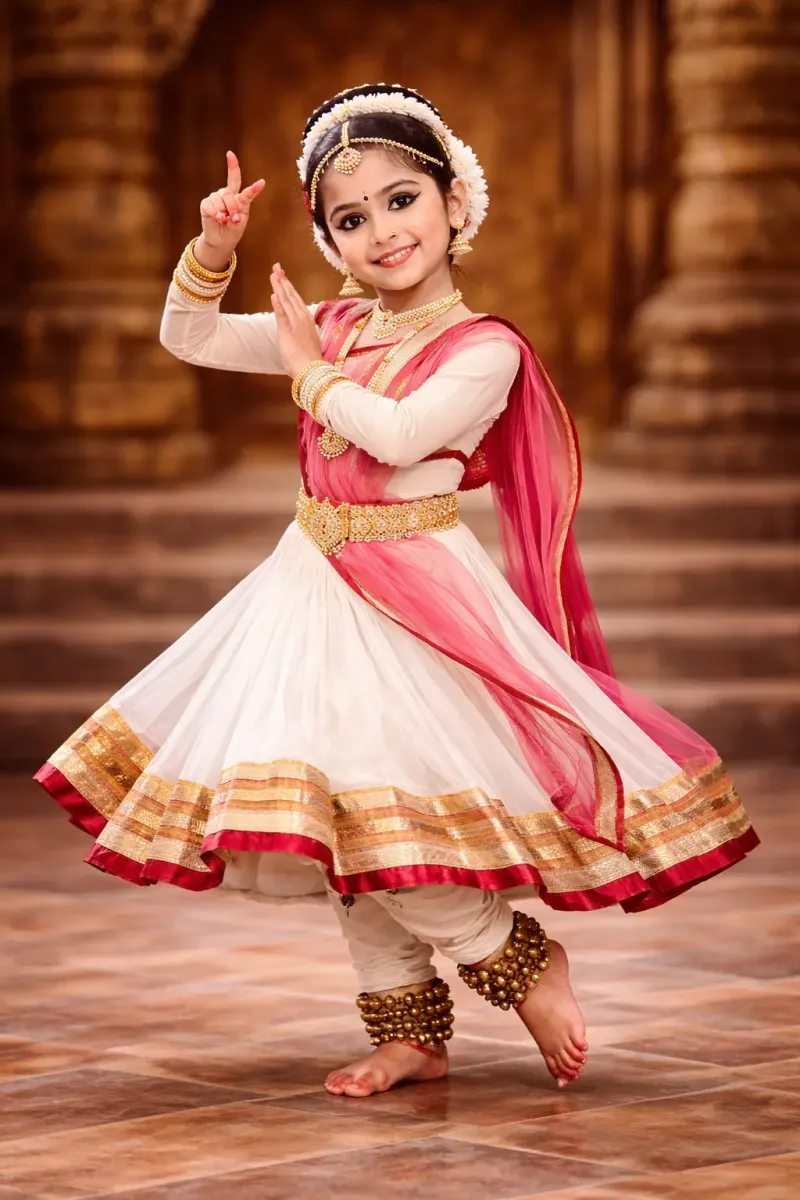 White & Pink Kathak Dress – Anarkali – Classical Dance Dress, Mod Fancy Dress Delhi