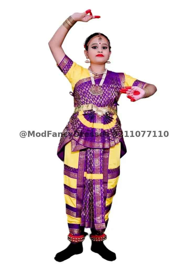 Bharatanatyam Dance Fancy Dress In Yellow Purple Colour Thumbnail