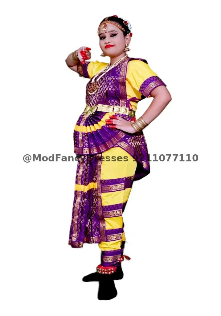 Bharatanatyam Dance Fancy Dress In Yellow Purple Colour Thumbnail